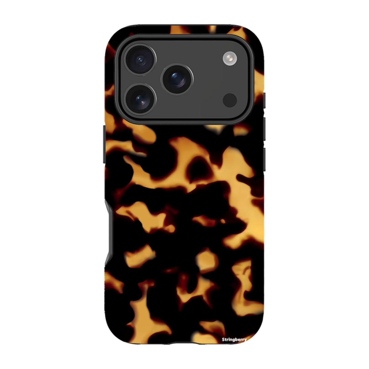 iPhone tough case with a black and amber lava-inspired tortoiseshell pattern and a protective dual-layer design.