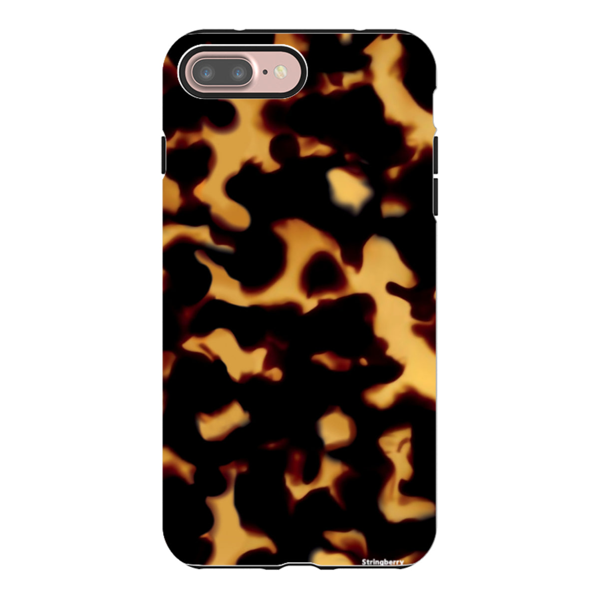 iPhone tough case with a black and amber lava-inspired tortoiseshell pattern and dual-layer protective design.