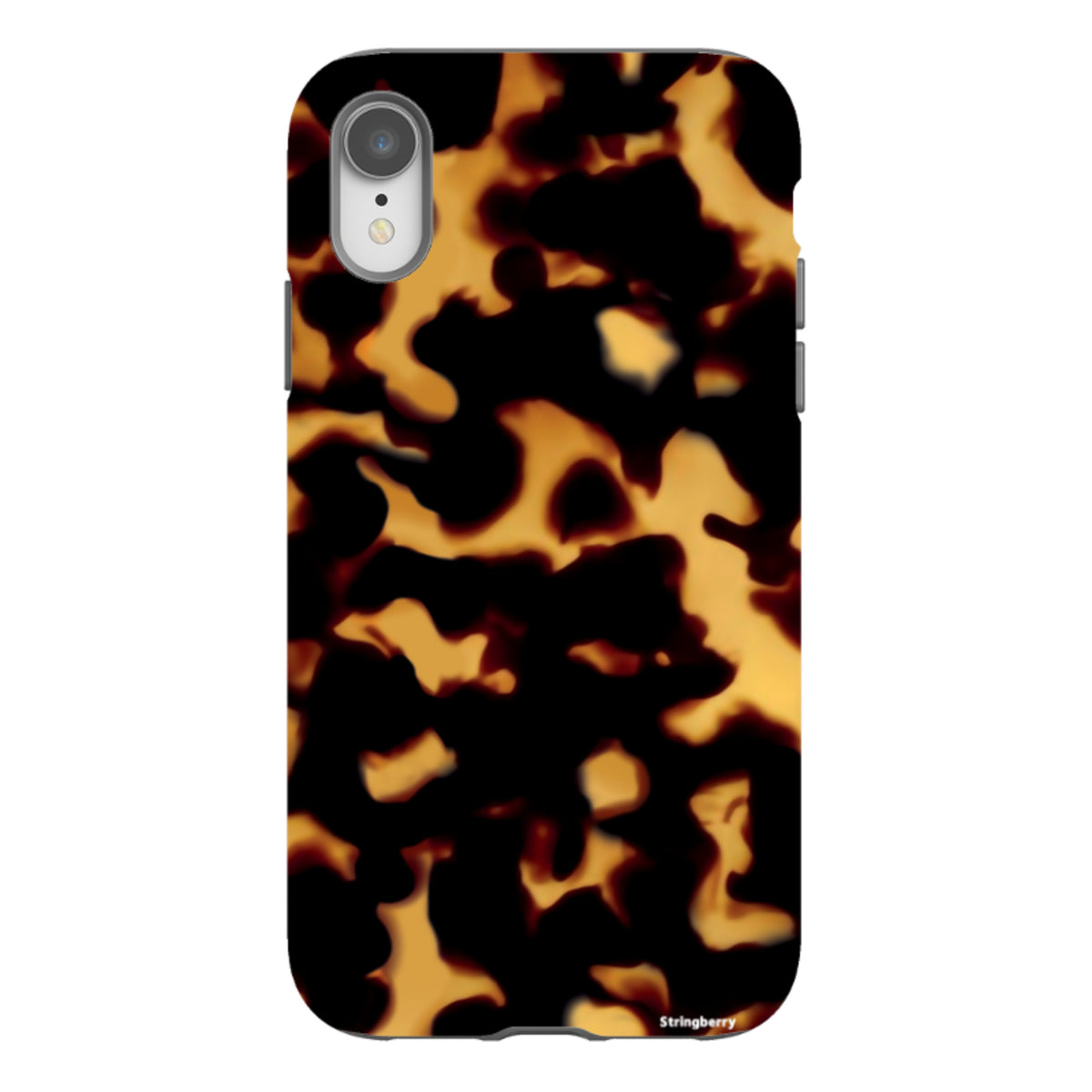 iPhone tough case with a black and amber lava-inspired tortoiseshell pattern and durable dual-layer construction.