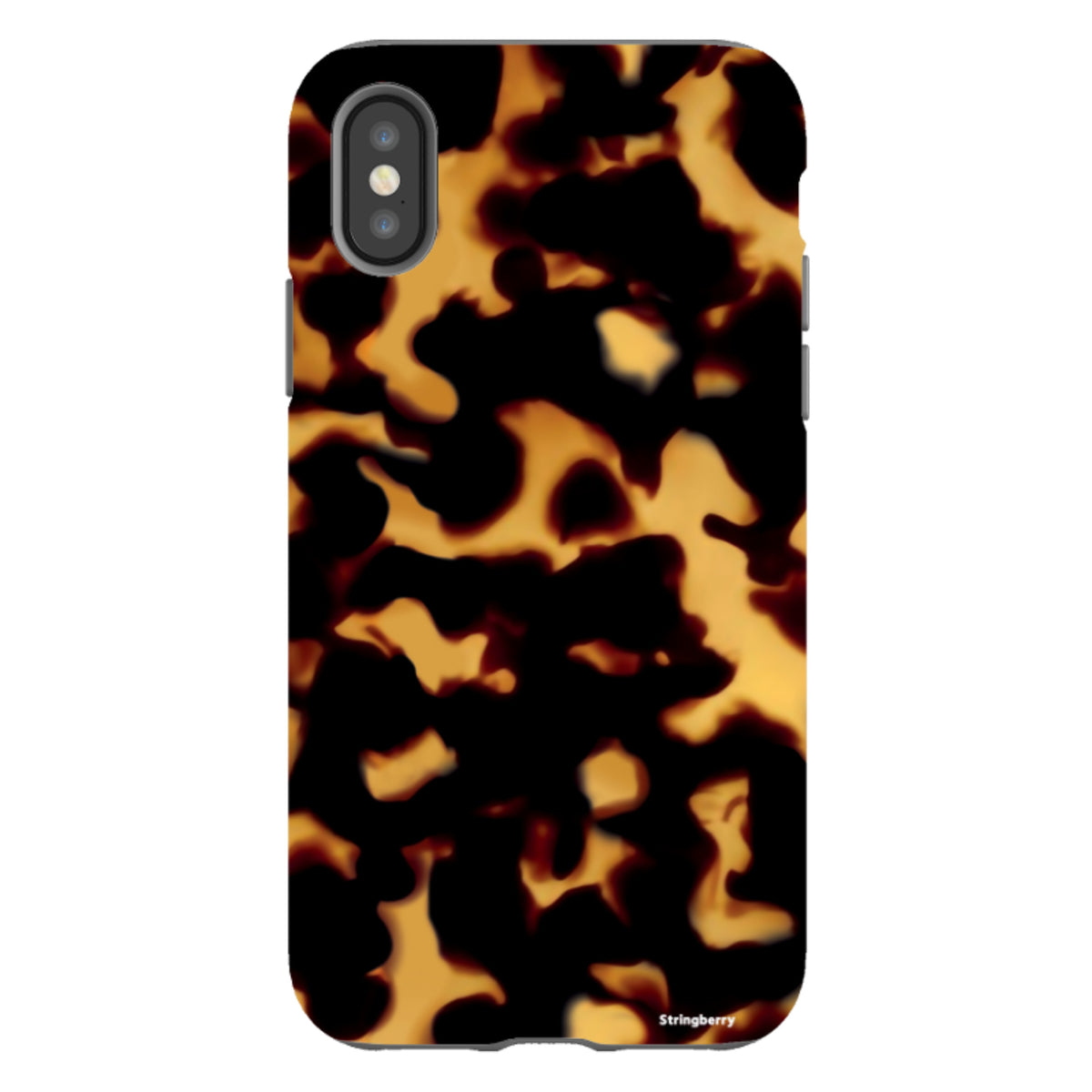 iPhone Tough Case in Lava featuring a dual-layer design with a black and amber tortoiseshell-inspired pattern.