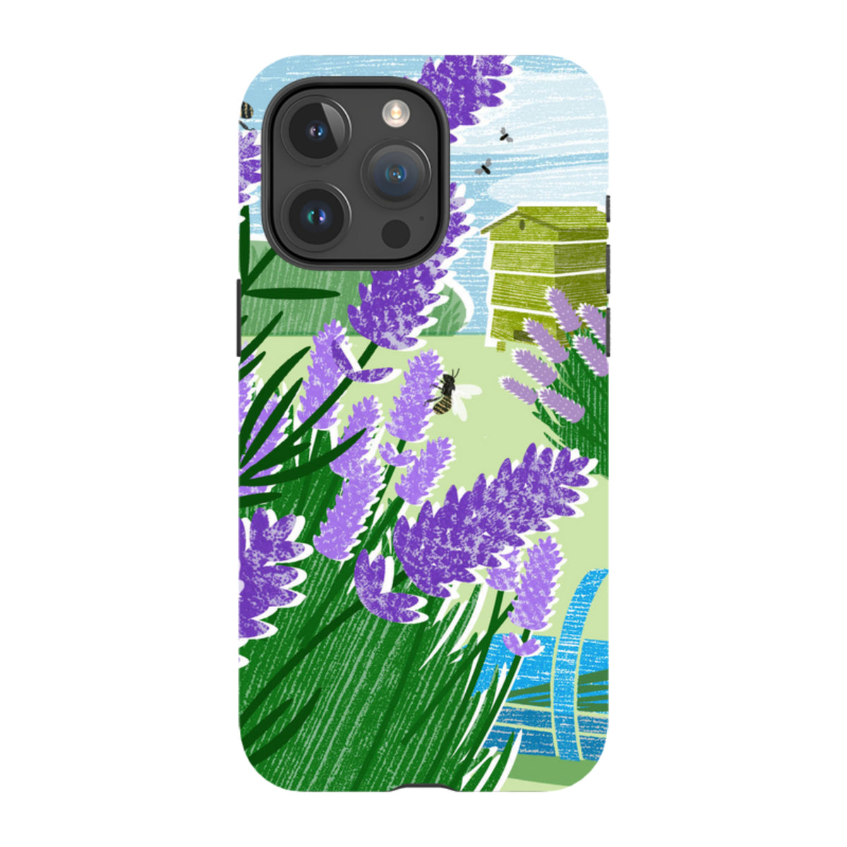 iPhone tough case featuring Liane Payne’s Lavender Garden art with purple flowers, a green beehive, and bees.