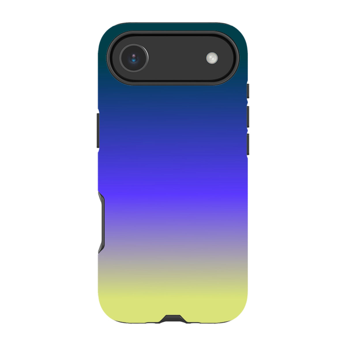 Lavender Haze dual-layer iPhone tough case with a smooth blue to yellow gradient design and protective black camera bezel.