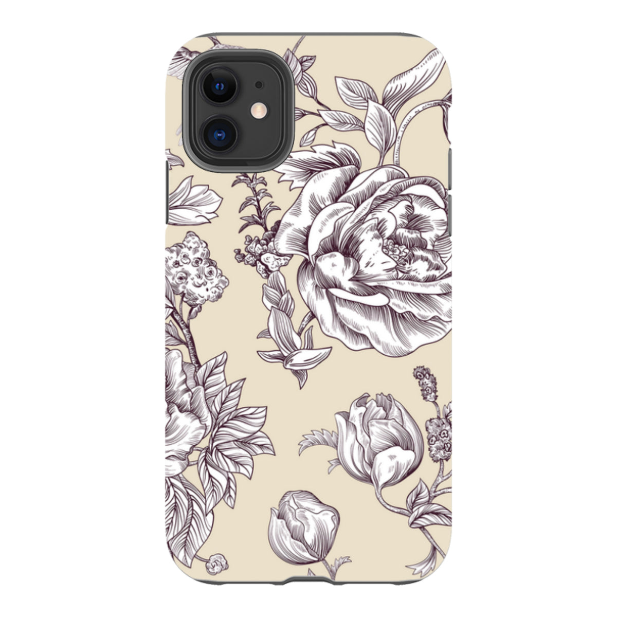 iPhone tough case featuring a vintage-style dark purple floral sketch pattern on a cream background.