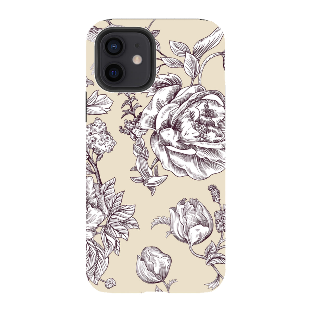 iPhone tough case featuring a cream background with detailed dark brown floral line art and dual-layer protection.