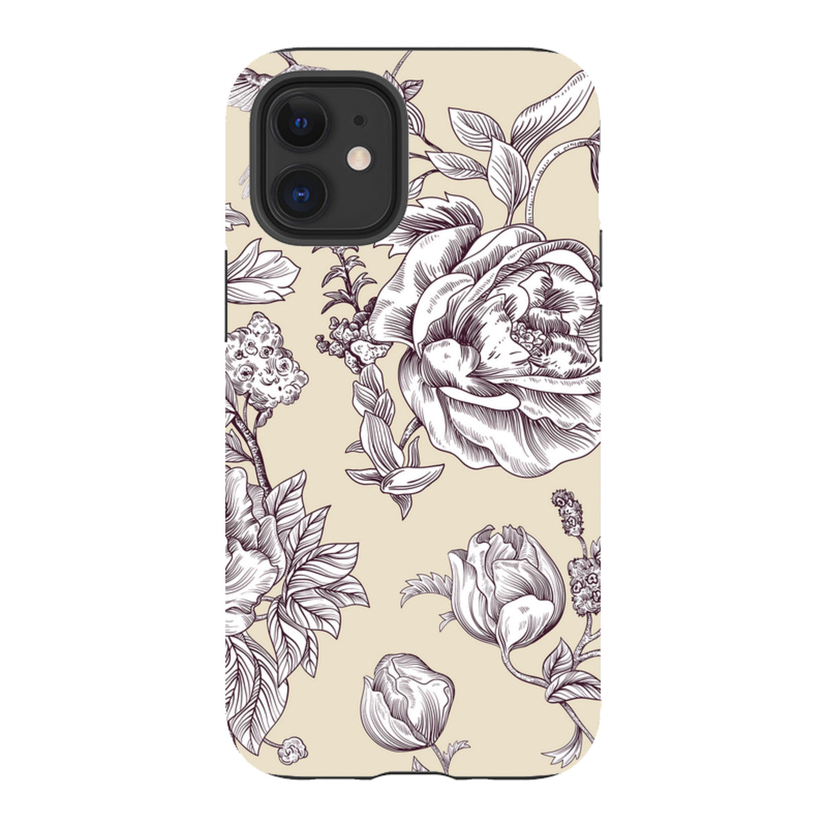 iPhone tough case with a cream background and intricate dark purple floral line art in a botanical Leeds Castle design.
