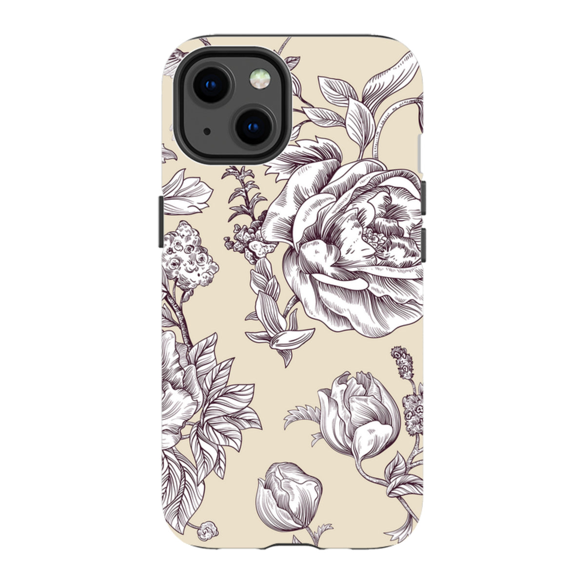 iPhone Tough Case featuring a cream background with intricate, dark purple floral line art illustrations.