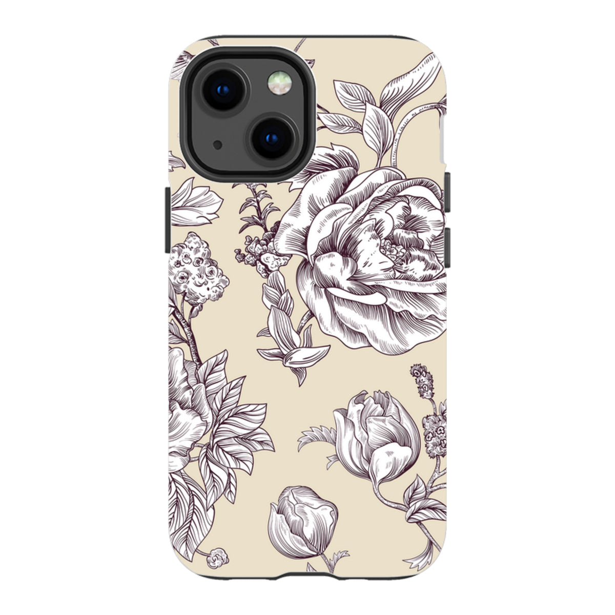 iPhone tough case with a cream background and detailed dark purple floral line art in a vintage botanical style.