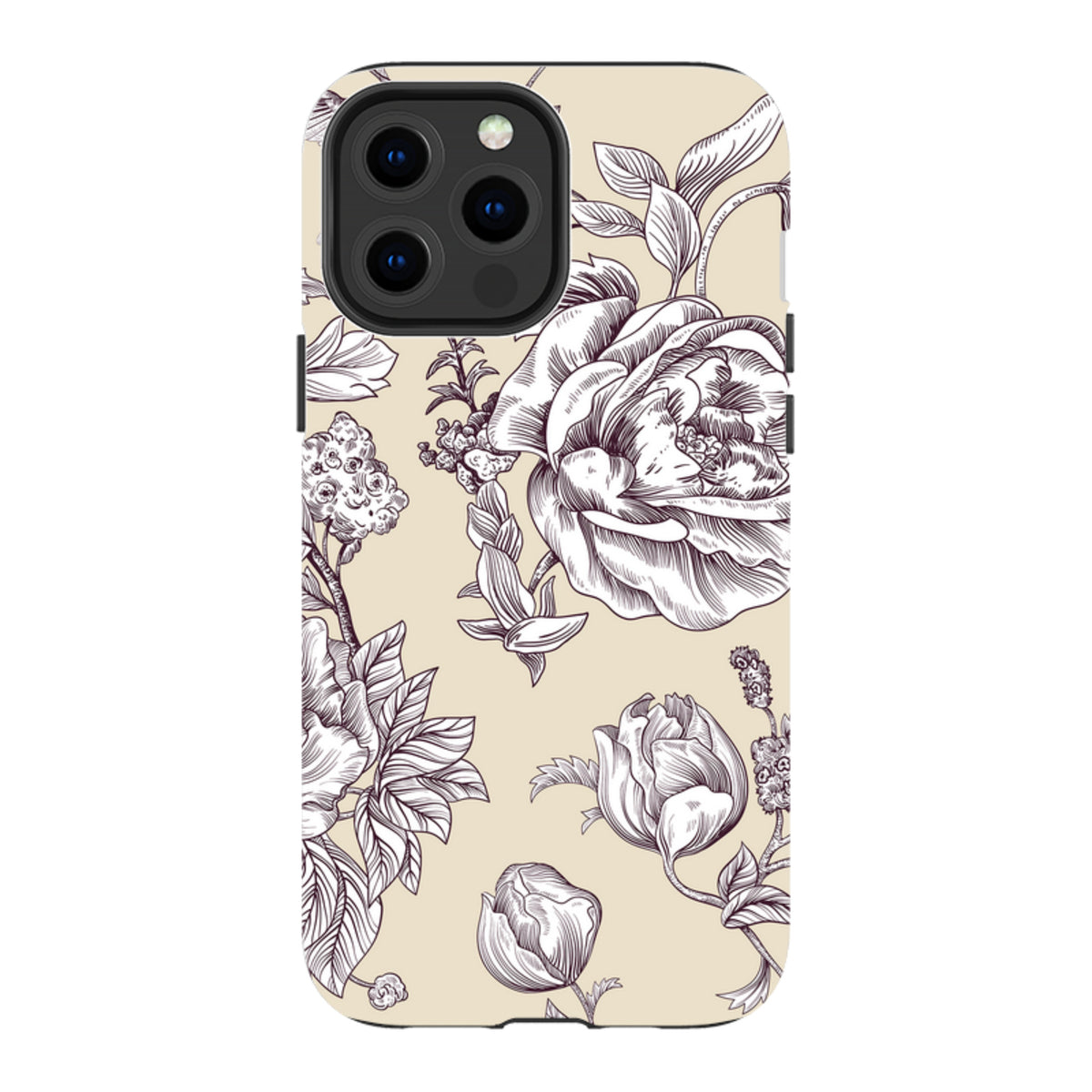 iPhone tough case featuring a cream background with intricate dark brown floral line art and a protective camera cutout.