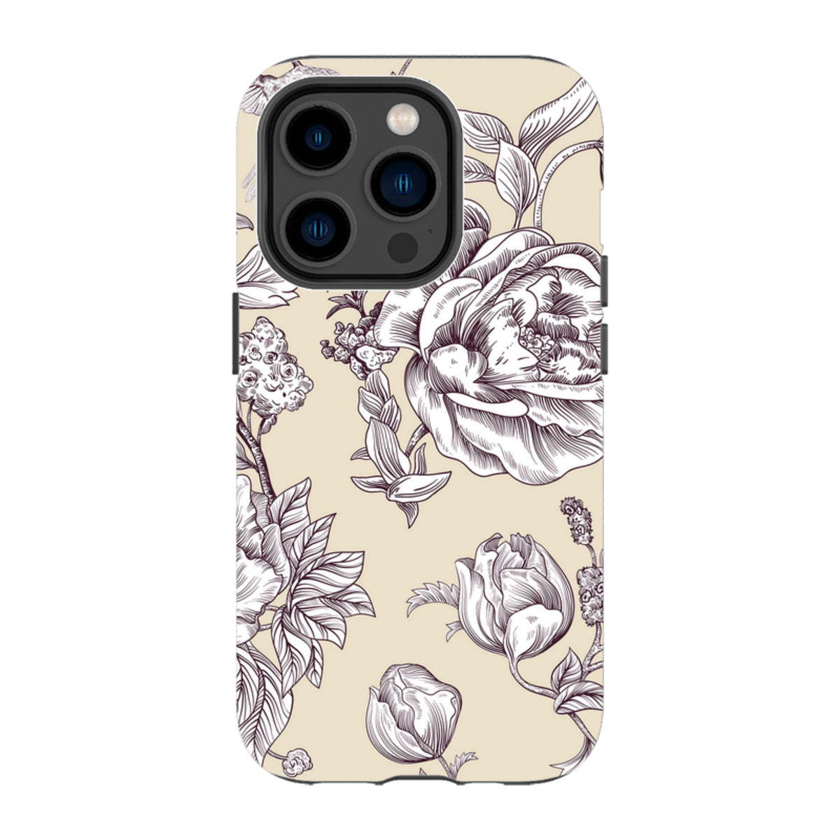 iPhone Tough Case featuring a cream background with intricate dark brown floral line art and a triple-lens camera cutout.