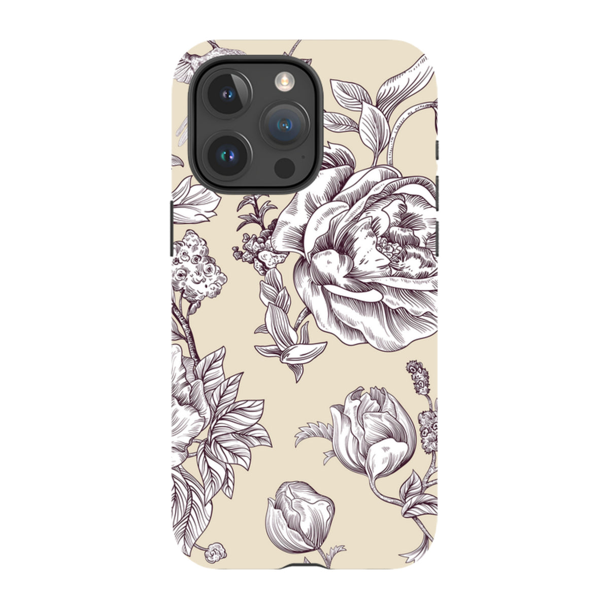 iPhone tough case with a cream background and detailed dark brown floral line art, featuring a dual-layer protective design.
