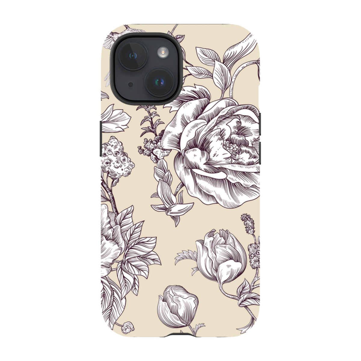 iPhone Tough Case featuring a cream background with intricate dark purple floral botanical line art illustrations.
