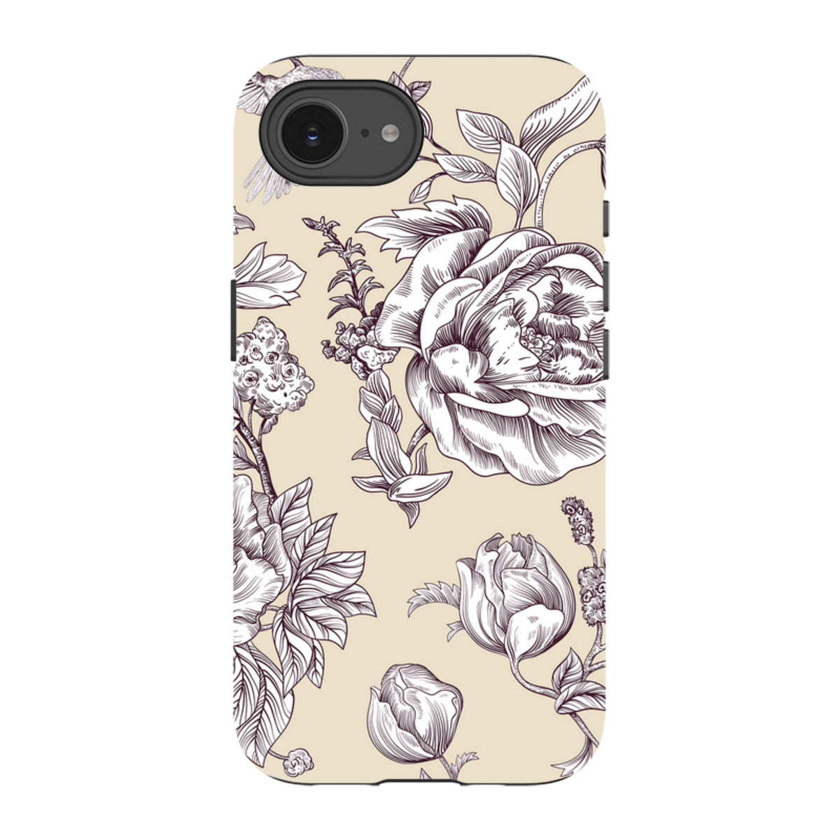 iPhone Tough Case featuring a cream background with intricate dark purple floral and botanical line art illustrations.