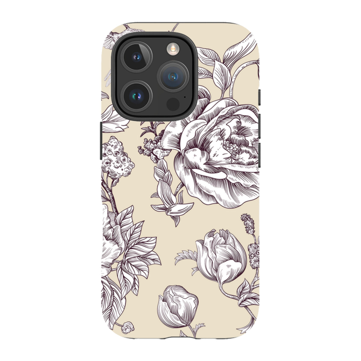 iPhone Tough Case featuring a cream background with intricate dark purple floral line art and a dual-layer design.