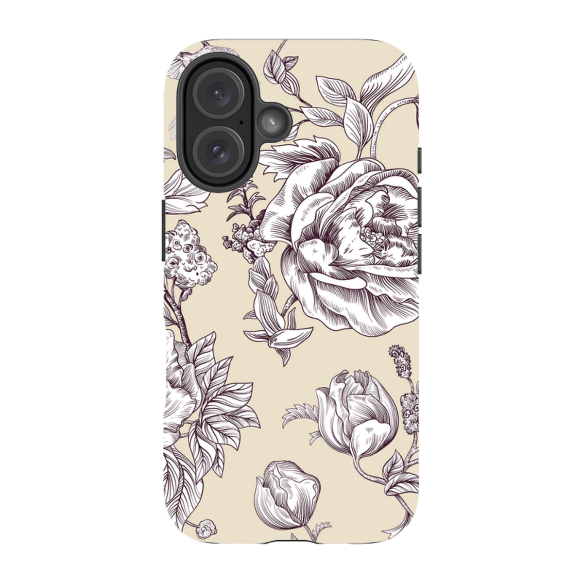 iPhone tough case with a cream background and intricate dark purple floral line art illustration.