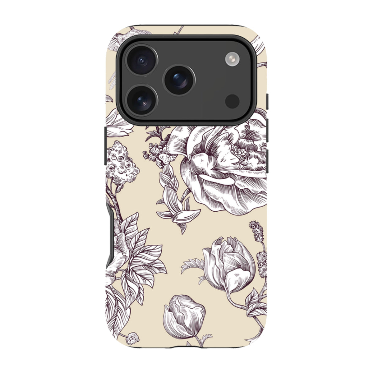 iPhone tough case with a cream background and detailed dark purple floral line art, featuring a protective dual-layer design.