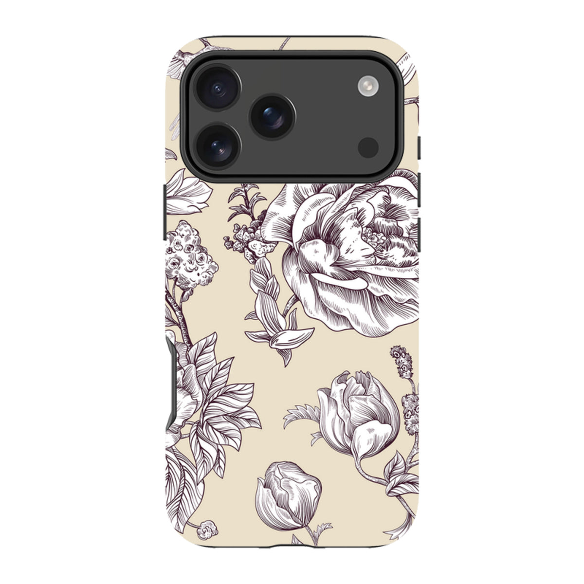 iPhone Tough Case featuring a cream background with detailed dark purple floral line art and a protective camera cutout.