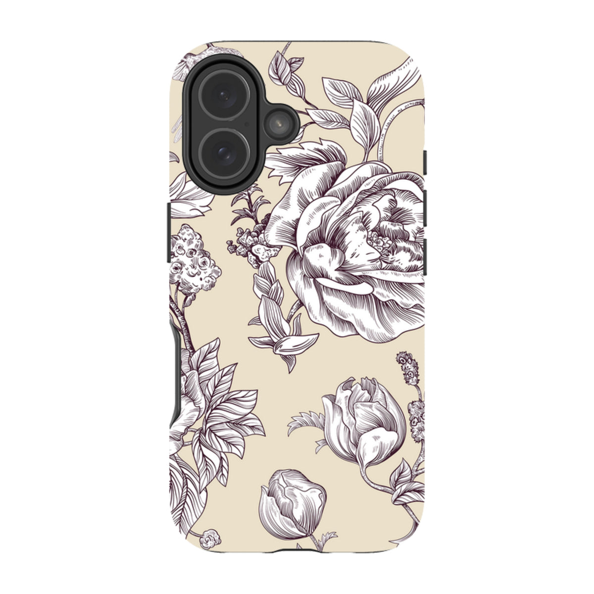 iPhone tough case with a cream background and detailed dark purple floral line art illustration.