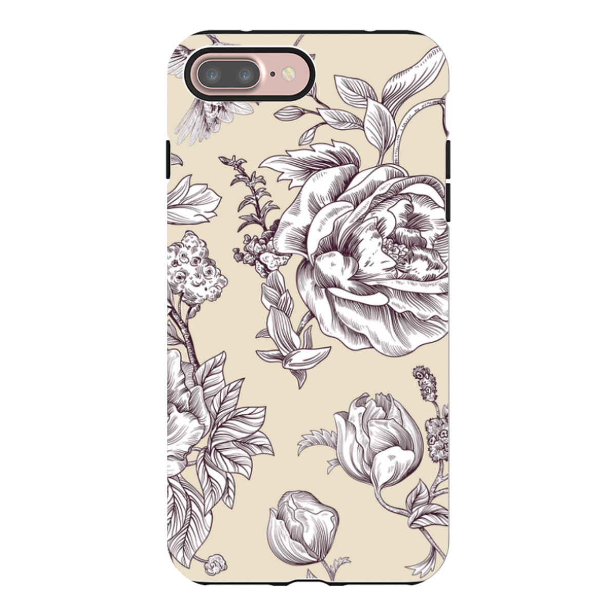 Dual-layer iPhone tough case featuring a cream background with detailed dark brown floral line art illustrations.