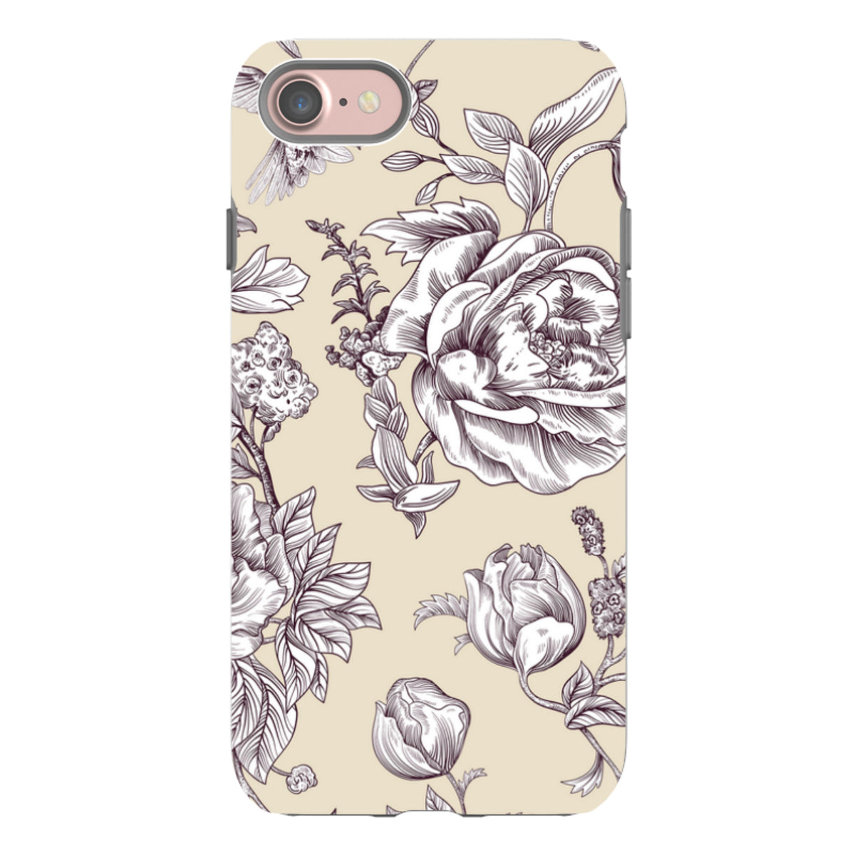 iPhone tough case with a cream background and intricate dark brown floral line art, featuring a dual-layer protective design.
