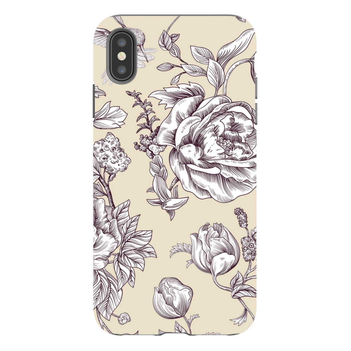 iPhone tough case featuring a cream background with intricate dark purple floral and botanical line art.