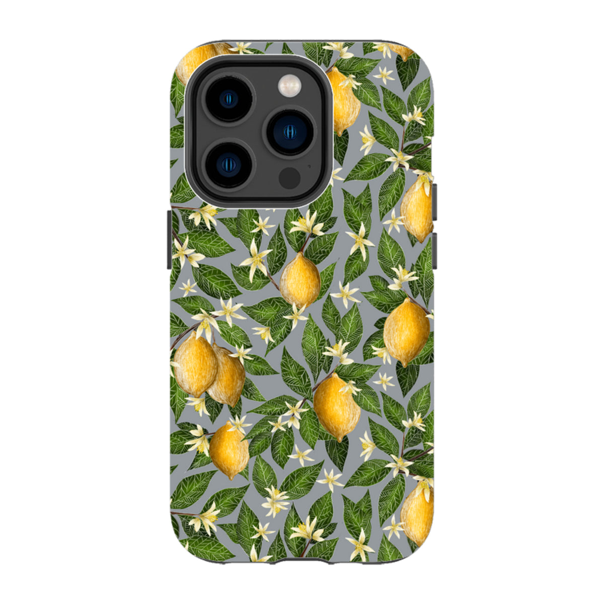 iPhone tough case featuring a Catherine Rowe lemon and white blossom botanical pattern on a grey background.