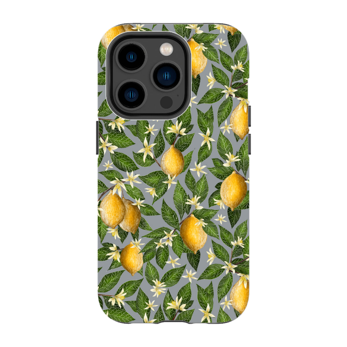 iPhone Tough Case featuring a vibrant yellow lemon and white blossom pattern on a grey background.