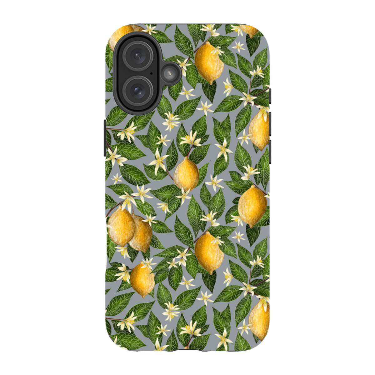 Dual-layer iPhone tough case featuring a Catherine Rowe lemon and white blossom pattern on a grey background.