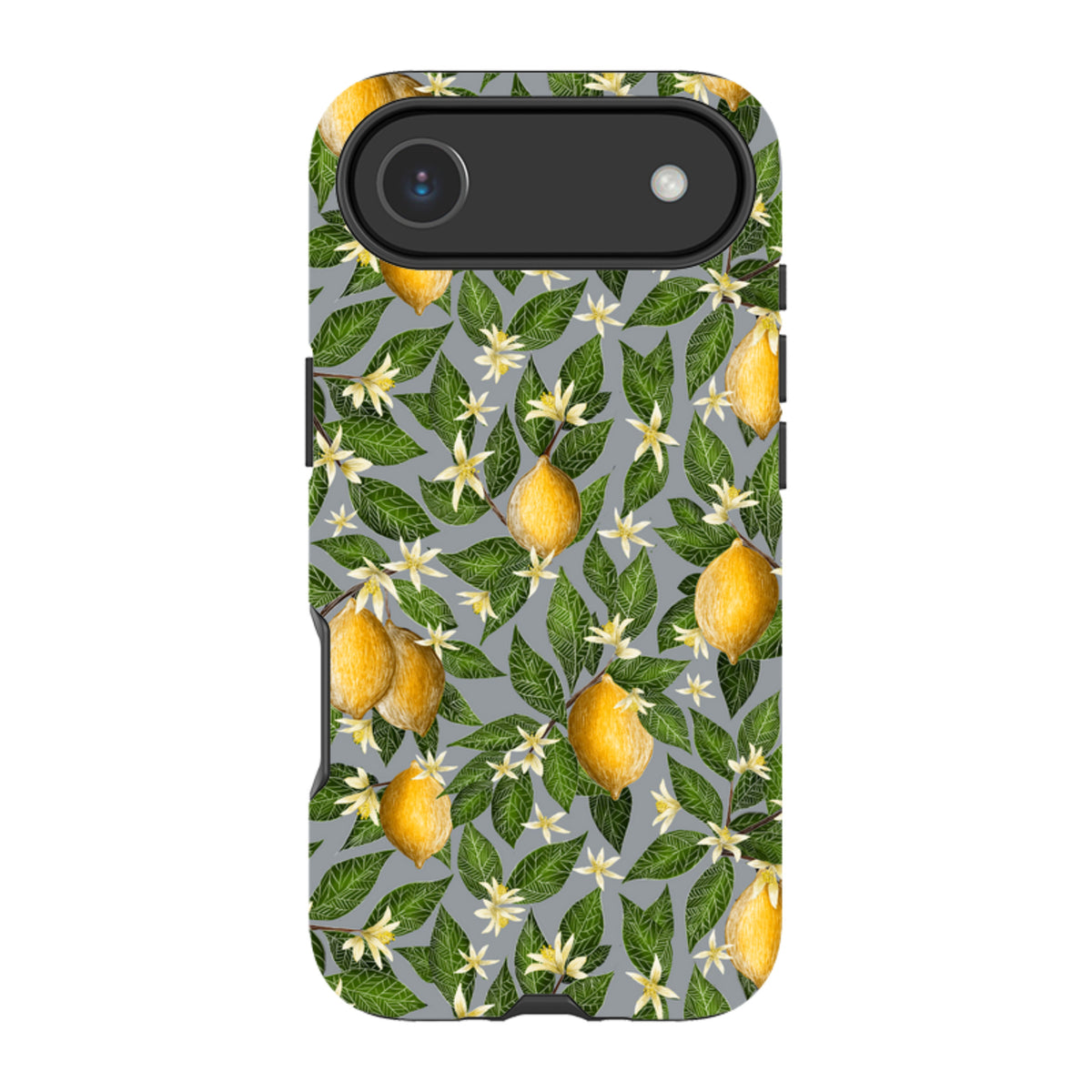 iPhone tough case featuring a Catherine Rowe lemon and white blossom pattern on a grey background with dual-layer protection.