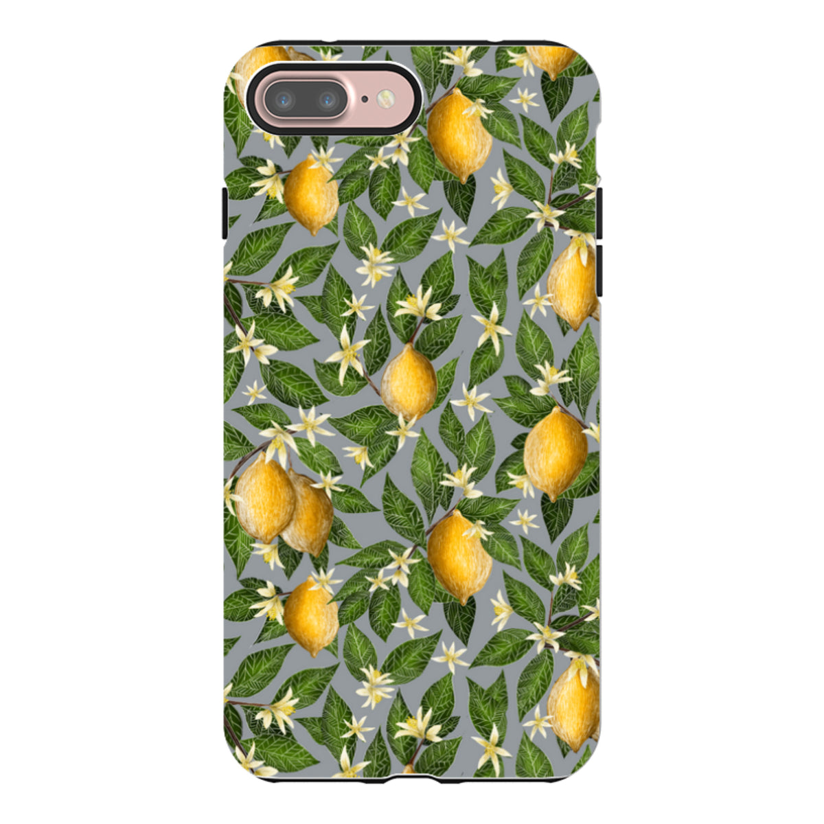 Dual-layer iPhone tough case featuring a Catherine Rowe lemon and white blossom pattern on a grey background.