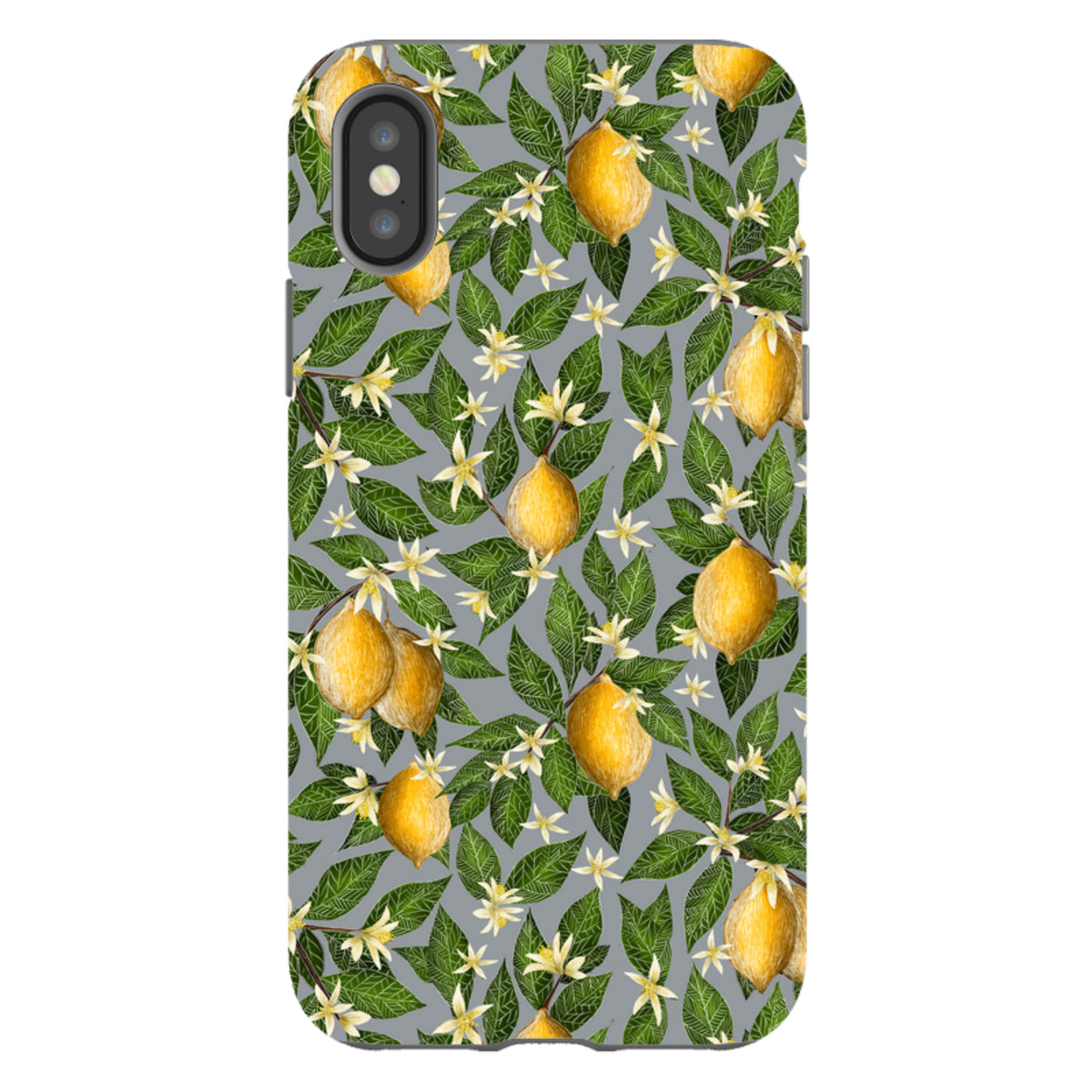 iPhone tough case with a grey background featuring a vibrant lemon, leaf, and white blossom botanical pattern.