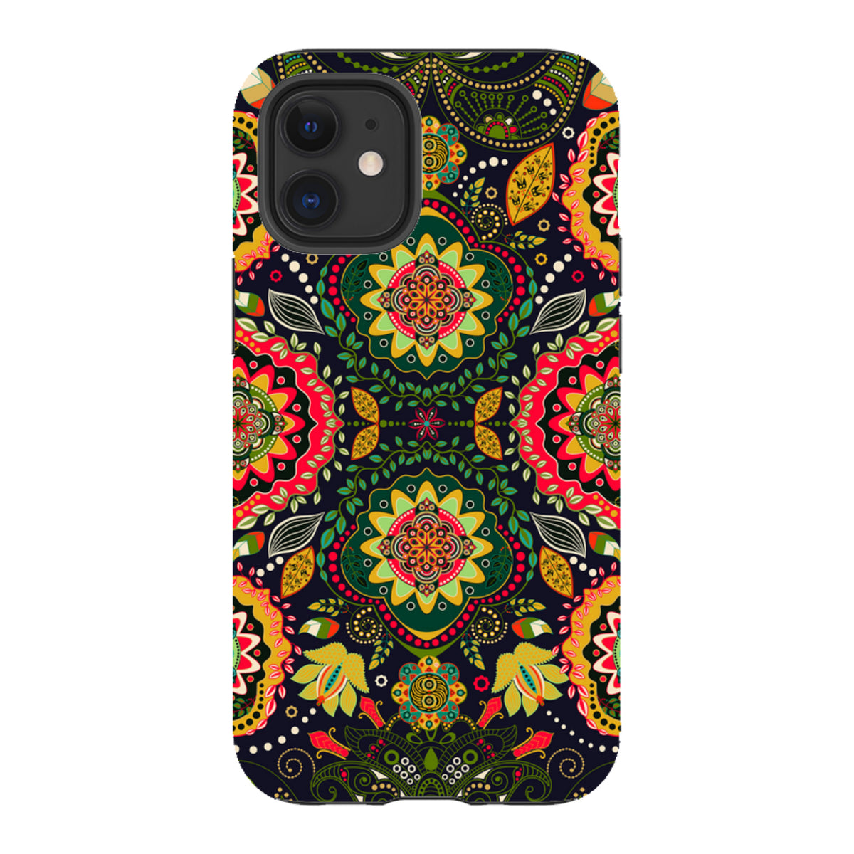 iPhone tough case with a vibrant, symmetrical floral mandala pattern in red, yellow, and green on a black background.