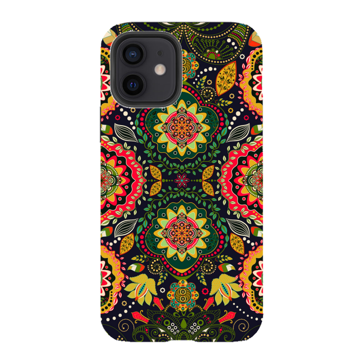 iPhone Tough Case featuring a vibrant, colorful floral mandala pattern on a dark background with dual-layer protection.