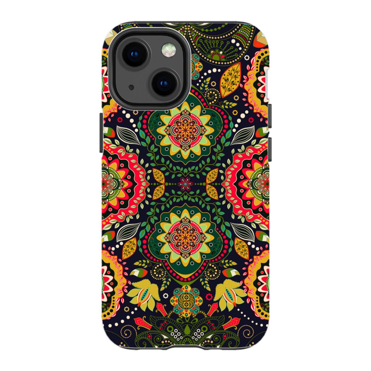 iPhone tough case featuring a vibrant, colorful floral mandala pattern on a dark background with dual-layer protection.