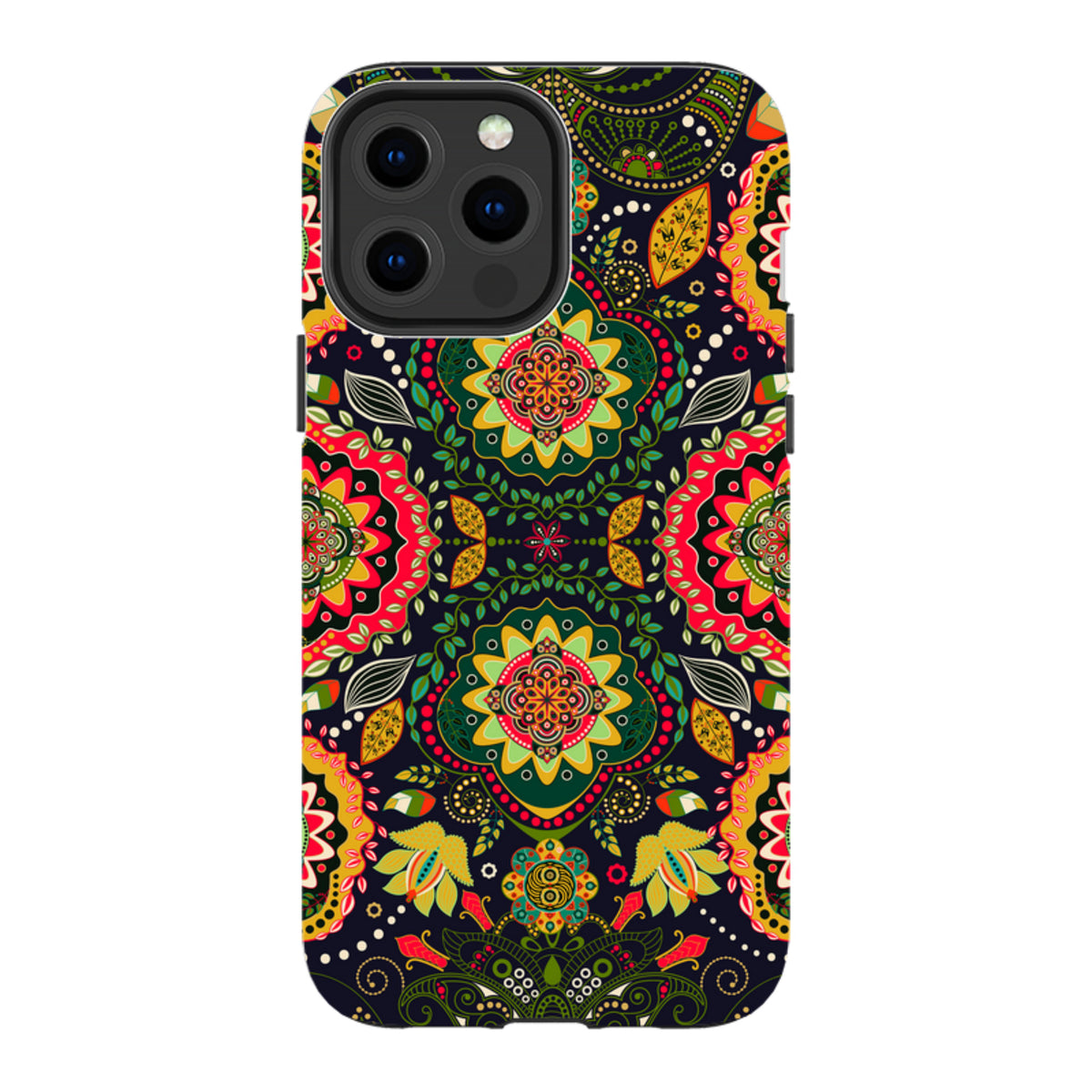 iPhone tough case featuring a vibrant, symmetrical floral mandala pattern in red, yellow, and green on a black background.