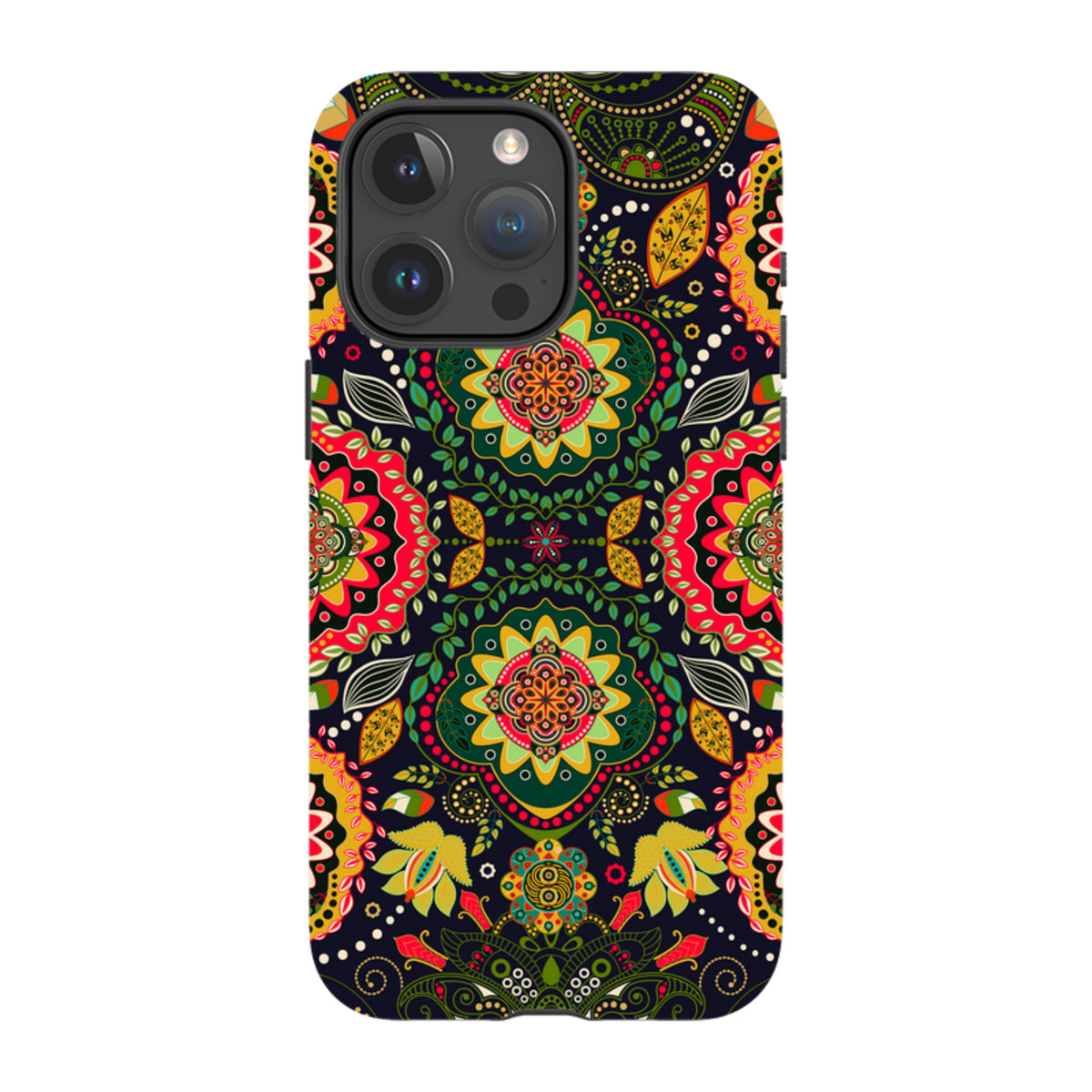 iPhone Tough Case featuring a vibrant, symmetrical floral mandala pattern in red, yellow, and green on a black background.