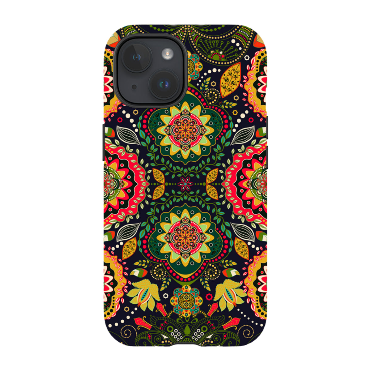 iPhone tough case featuring a vibrant, high-definition floral mandala pattern in red, yellow, and green on a black background.