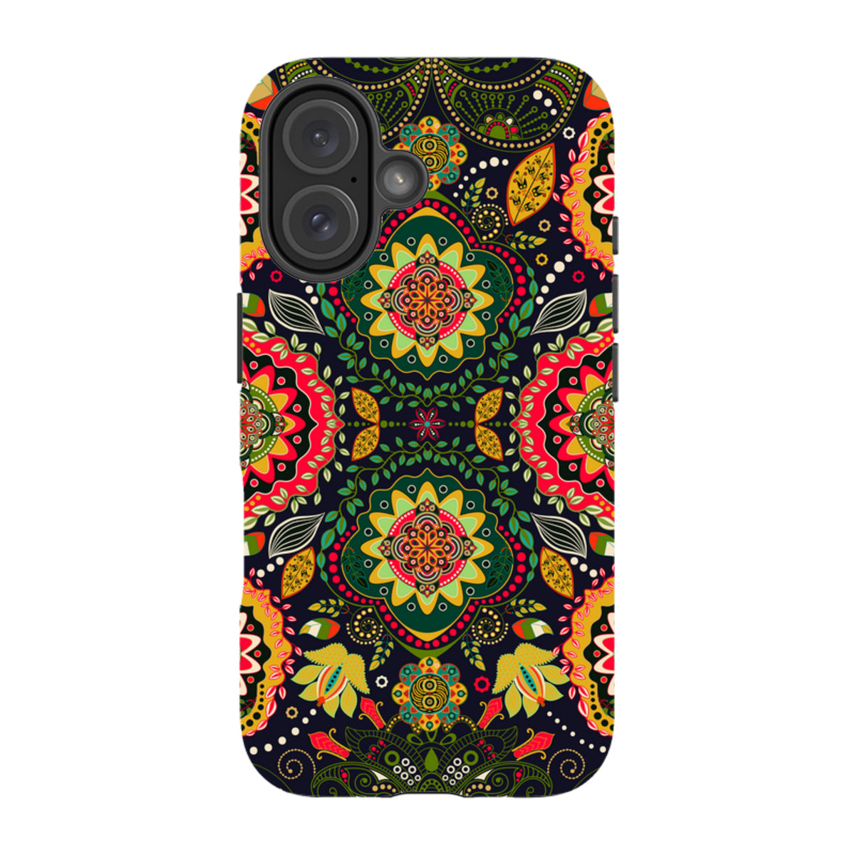 iPhone tough case featuring a vibrant, symmetrical floral mandala pattern in red, yellow, and green on a black background.