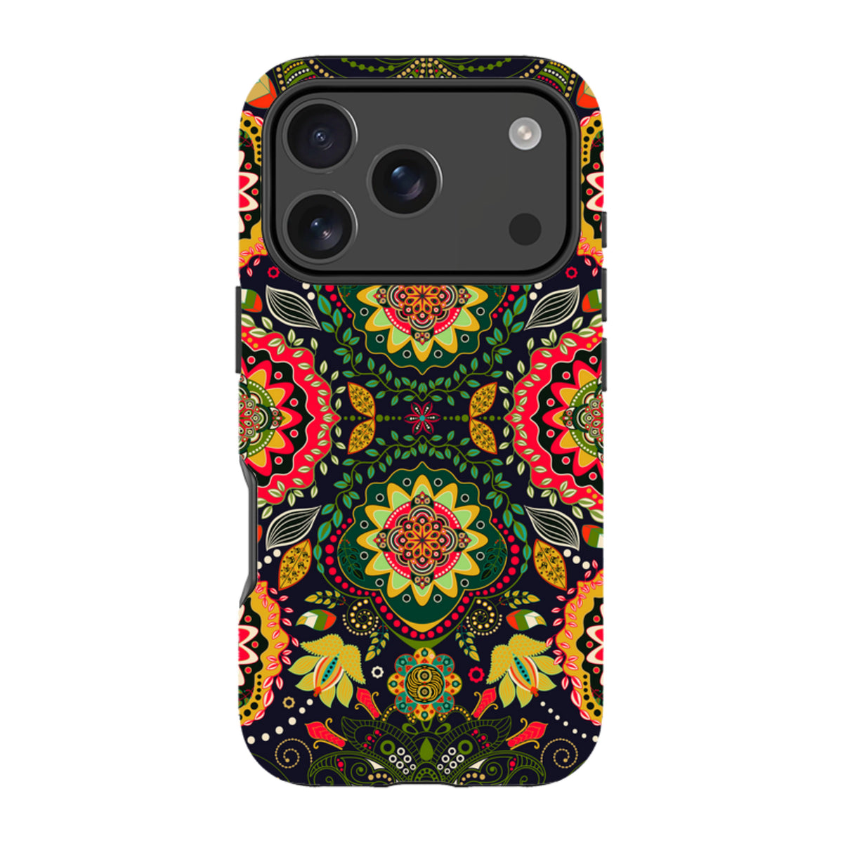iPhone Tough Case featuring a vibrant, colorful floral mandala pattern on a black background with dual-layer protection.