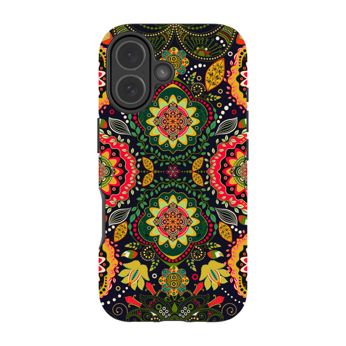Dual-layer iPhone tough case with a vibrant, symmetrical floral paisley pattern in red, yellow, and green on black.