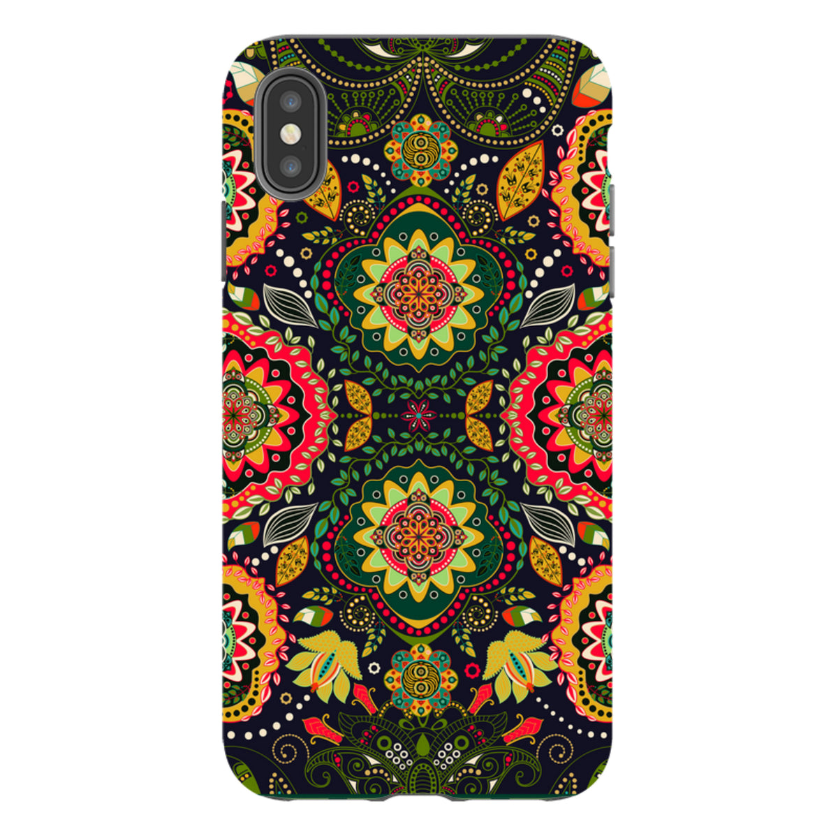 iPhone Tough Case featuring a vibrant, symmetrical floral mandala pattern in red, yellow, and green on a black background.