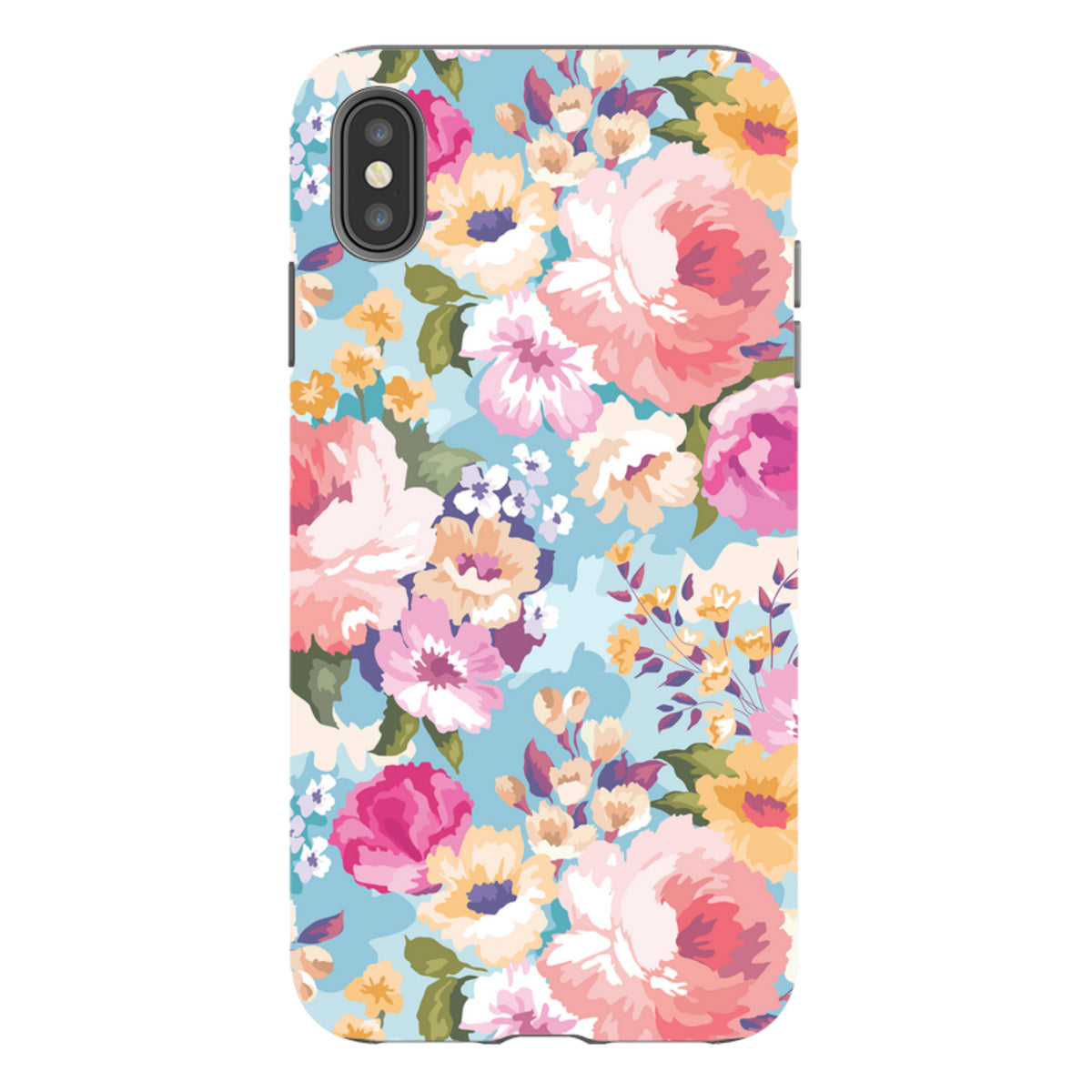 iPhone Tough Case in Lewes floral print featuring pink, yellow, and white flowers on a light blue background.