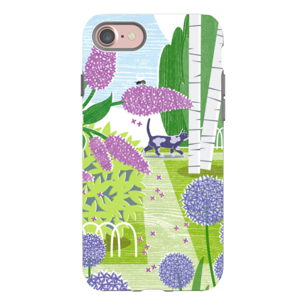 Dual-layer iPhone tough case featuring a lilac and allium garden illustration with a cat, bee, and birch trees.