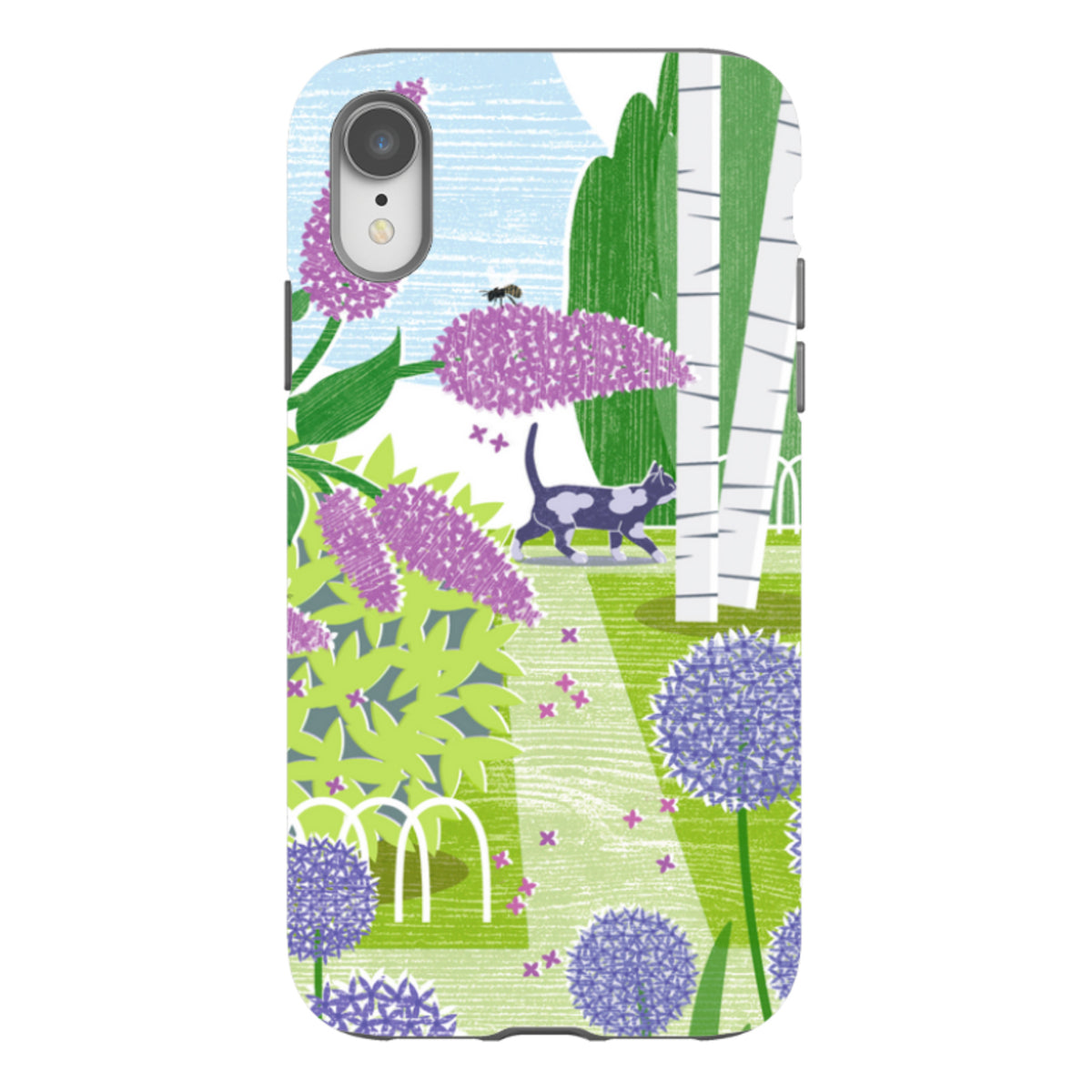 iPhone tough case featuring a lilac and allium garden illustration with a cat, birch trees, and a bee.