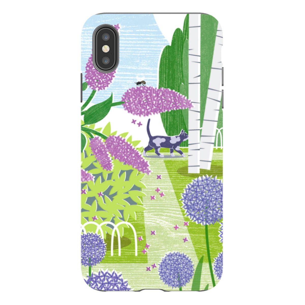 iPhone tough case featuring a lilac and allium garden illustration with a cat, dual-layer design, and precise cut-outs.