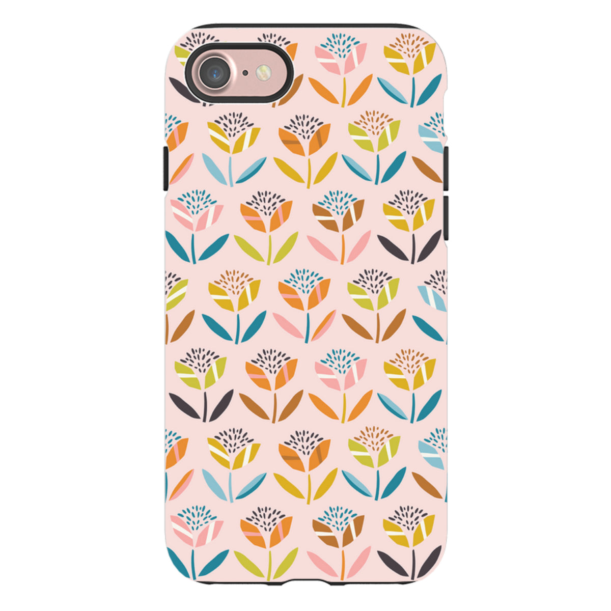 iPhone tough case with a pink background and a repeating pattern of colorful, stylized flowers by Ali Brookes.