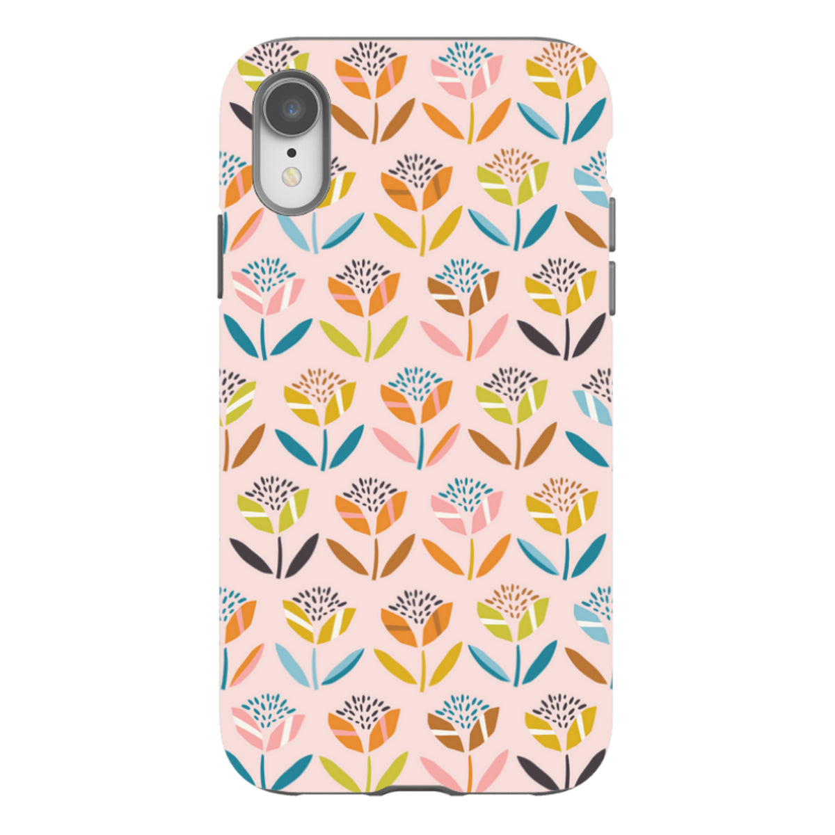 iPhone tough case with a pink background and a colorful, repeating floral pattern by Ali Brookes.