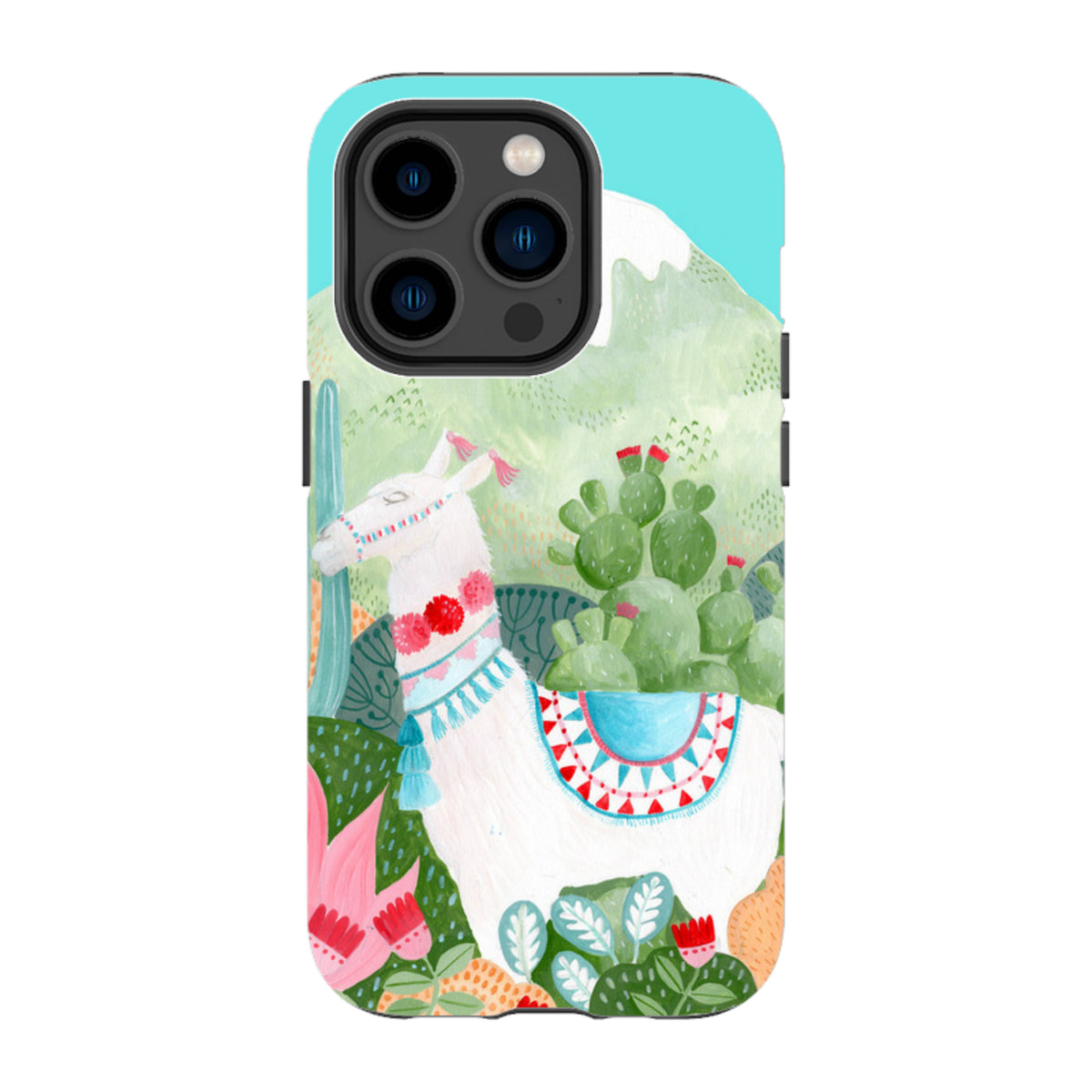 iPhone tough case featuring a white llama illustration with colorful desert patterns, cacti, and a light blue sky background.