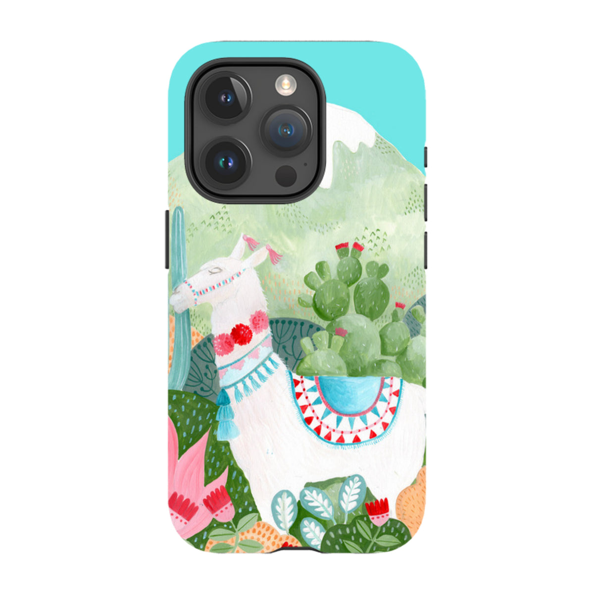 Dual-layer iPhone case featuring a whimsical white llama illustration with colorful desert floral accents.