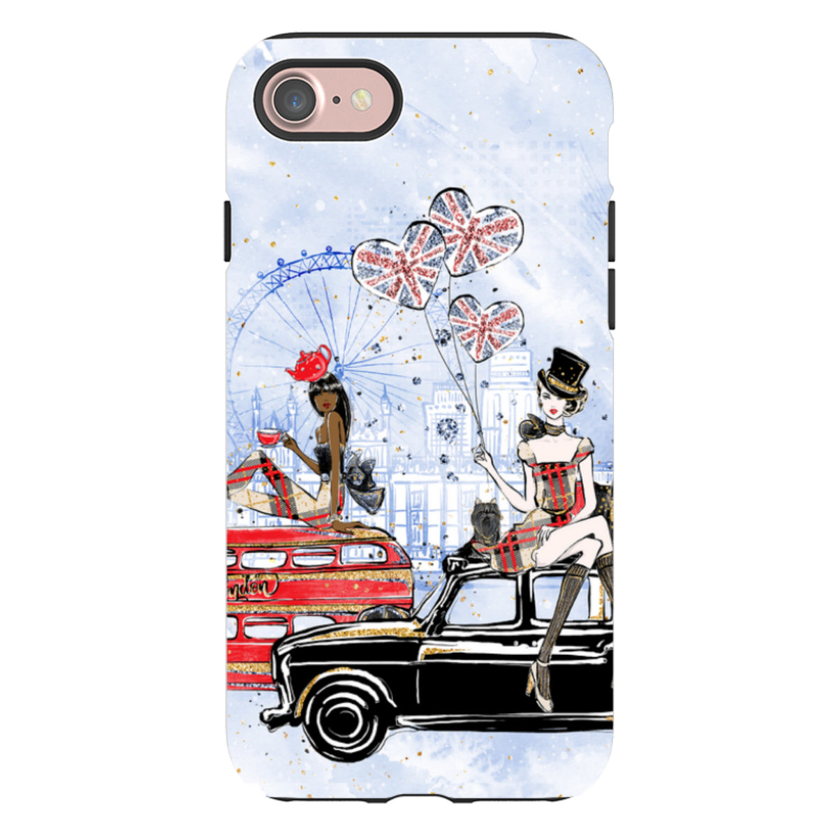 Dual-layer iPhone case featuring London icons, red bus, black taxi, and fashion illustration on a light blue background.