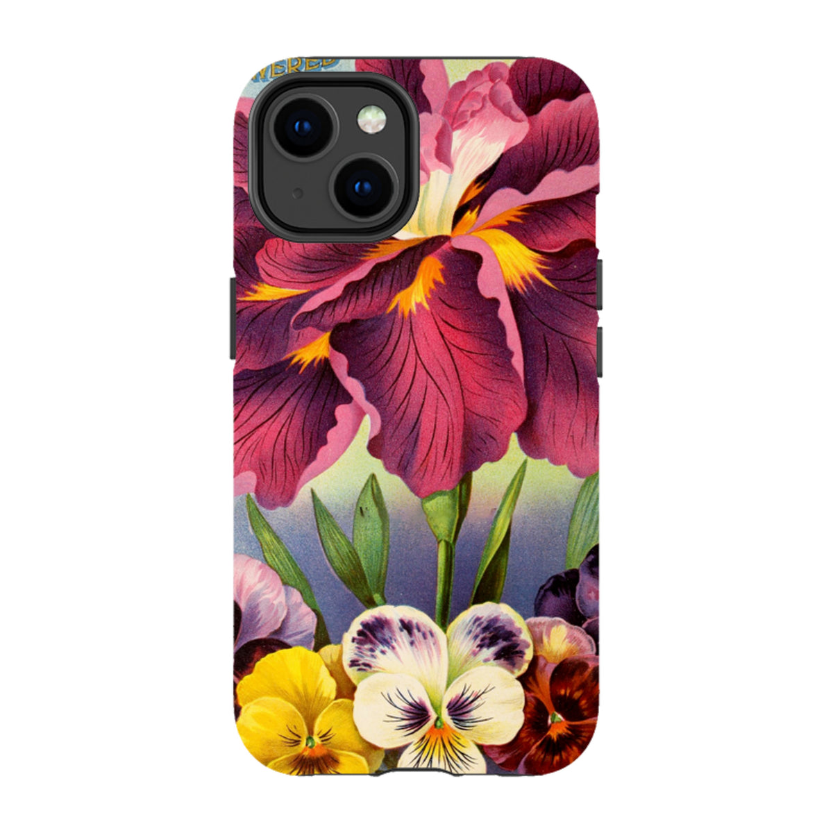 iPhone tough case featuring a vibrant vintage floral print with deep purple irises and colorful pansies.